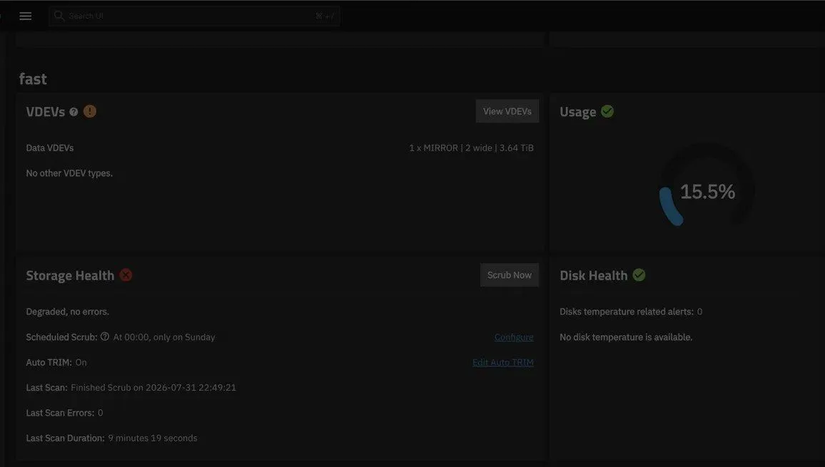 The fast pool's storage page the same night: Storage Health degraded, and the last scan a scrub finished at 22:49 on July 31