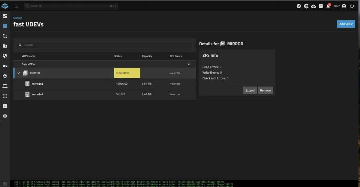 TrueNAS vdev page for the fast pool: the mirror DEGRADED, nvme1n1 REMOVED next to its ONLINE twin, zero recorded errors, and kernel zio error lines scrolling at the bottom of the screen
