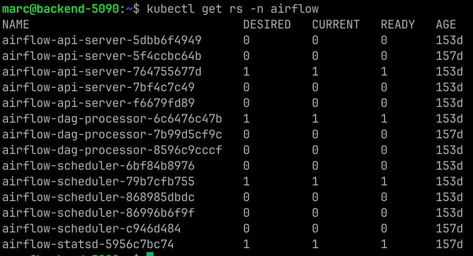 kubectl get rs -n airflow showing the retained zero scaled ReplicaSets behind airflow-api-server.