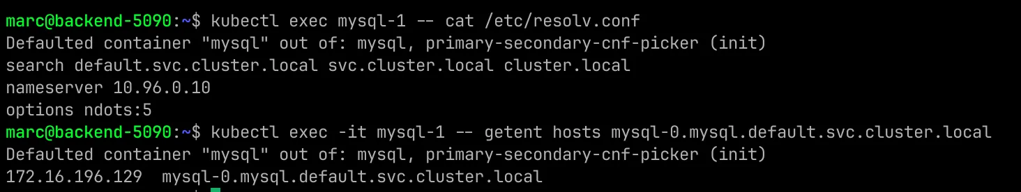 Inside mysql-1, resolv.conf showing the shared suffix and CoreDNS at 10.96.0.10, then getent resolving mysql-0.mysql.default.svc.cluster.local to its live Pod IP.