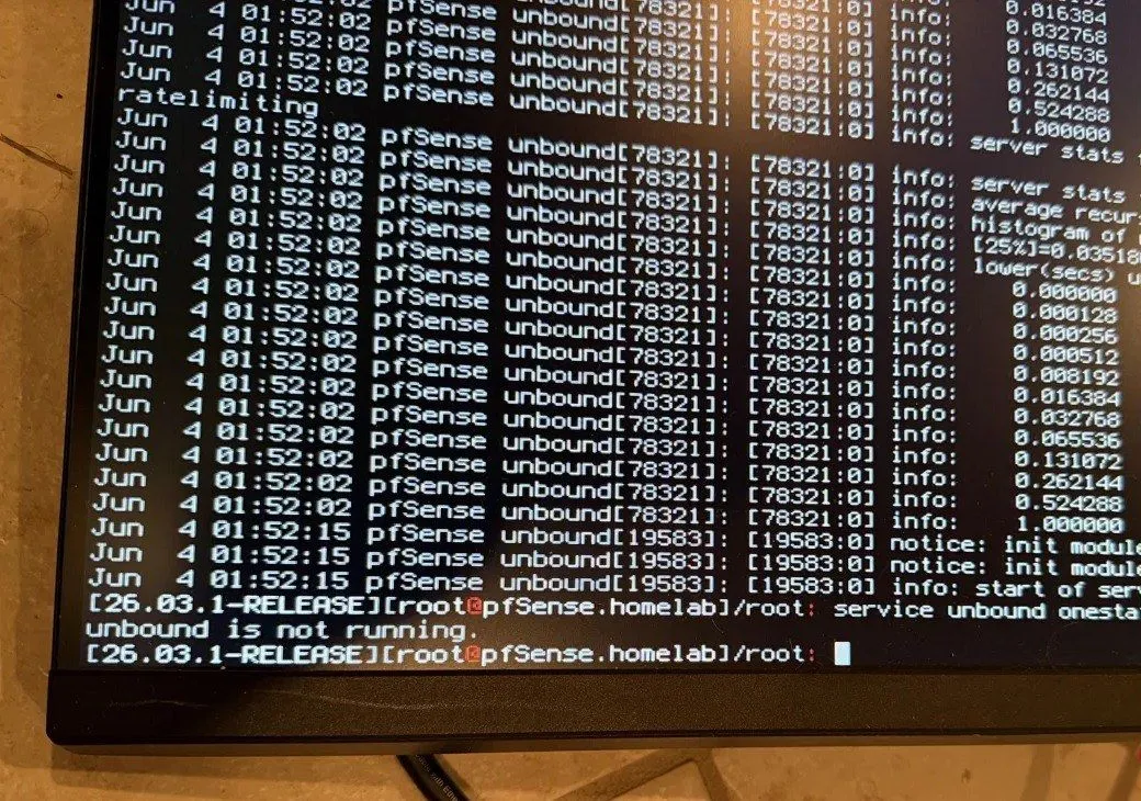 Firewall console in June: unbound shutdown stats, a new instance logging start of service, and onestatus reporting unbound is not running