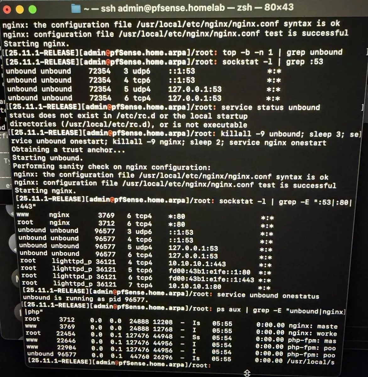 Terminal session on the firewall, March 24th: killall and onestart recovery commands, sockstat showing unbound bound only to 127.0.0.1:53, and onestatus reporting it running